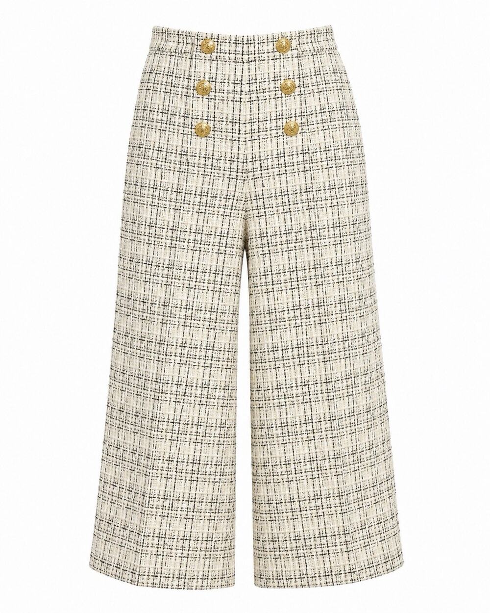 Zara Womens S Ivory Black Tweed Sailor Wide Leg Cropped Pants Gold Button